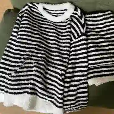 米囹 圆领条纹半边绒女秋冬季软糯糯毛绒针织大码家居服睡衣套装 女款