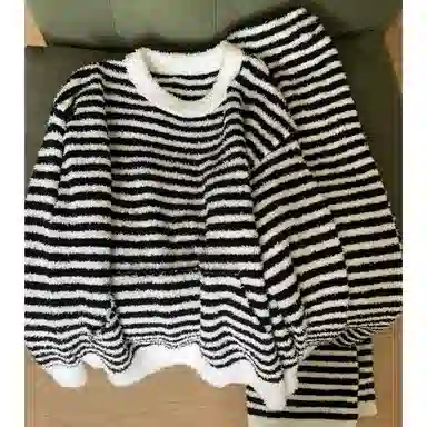 米囹 圆领条纹半边绒女秋冬季软糯糯毛绒针织大码家居服睡衣套装 女款