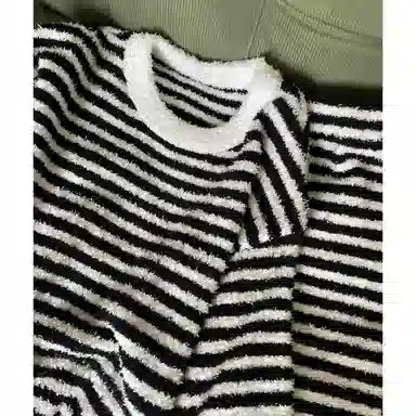 米囹 圆领条纹半边绒女秋冬季软糯糯毛绒针织大码家居服睡衣套装 女款