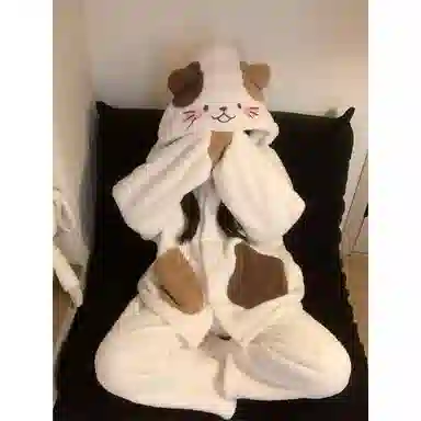 米囹 可爱小猫咪连帽珊瑚绒女冬季加绒加厚保暖冬天家居服睡衣套装 女款