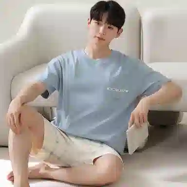 恒源祥 简约森系亲肤舒适圆领透气短袖松紧腰格纹休闲可外穿五分裤睡衣套装 男款 蓝灰