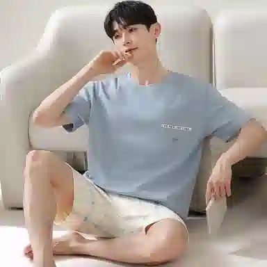 恒源祥 简约森系亲肤舒适圆领透气短袖松紧腰格纹休闲可外穿五分裤睡衣套装 男款 蓝灰