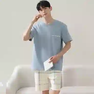 恒源祥 简约森系亲肤舒适圆领透气短袖松紧腰格纹休闲可外穿五分裤睡衣套装 男款 蓝灰