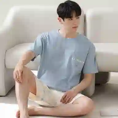 恒源祥 简约森系亲肤舒适圆领透气短袖松紧腰格纹休闲可外穿五分裤睡衣套装 男款 蓝灰