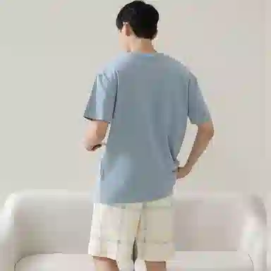 恒源祥 简约森系亲肤舒适圆领透气短袖松紧腰格纹休闲可外穿五分裤睡衣套装 男款 蓝灰