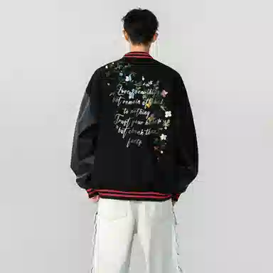 宜而爽  美式高街复古学院风过肩仿刺绣植物花卉图案字母印花单排扣条纹夹克外套无性别主义宽松休闲舒适落肩运动百搭棒球服 男女同款