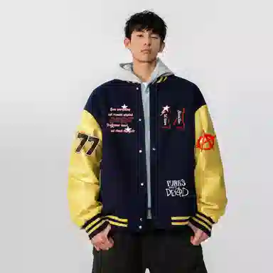 宜而爽  美式高街复古国潮仿刺绣字母数字印花拼接撞色单排扣条纹高级感夹克外套宽松休闲舒适落肩运动百搭棒球服 男女同款