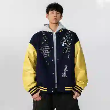 宜而爽  美式高街复古学院风过肩仿刺绣植物花卉图案字母印花单排扣条纹夹克外套无性别主义宽松休闲舒适落肩运动百搭棒球服 男女同款