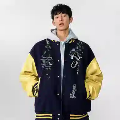 宜而爽  美式高街复古学院风过肩仿刺绣植物花卉图案字母印花单排扣条纹夹克外套无性别主义宽松休闲舒适落肩运动百搭棒球服 男女同款