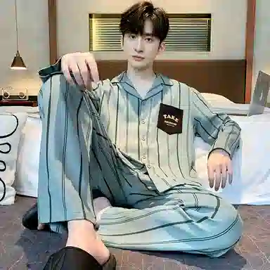 莫代尔 条纹翻领长袖长裤可爱睡衣套装 男款 图片色