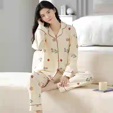 莫代尔 家居服植物花朵印花翻领睡衣套装 女款 图片色