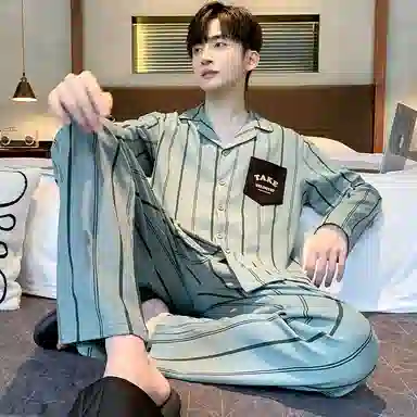 莫代尔 条纹翻领长袖长裤可爱睡衣套装 男款 图片色