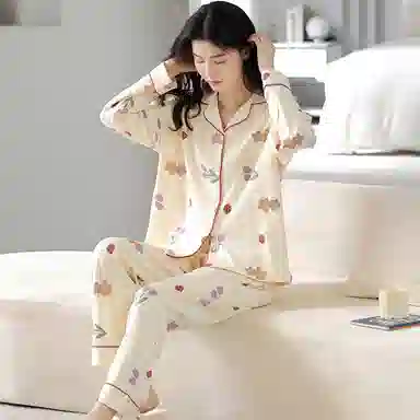 莫代尔 家居服植物花朵印花翻领睡衣套装 女款 图片色