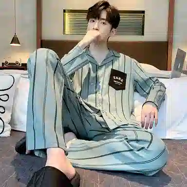 莫代尔 条纹翻领长袖长裤可爱睡衣套装 男款 图片色