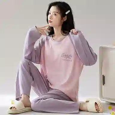 莫代尔 撞色拼接圆领套头长袖长裤睡衣套装 女款 图片色