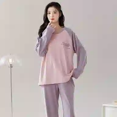 莫代尔 撞色拼接圆领套头长袖长裤睡衣套装 女款 图片色