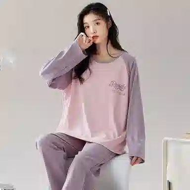 莫代尔 撞色拼接圆领套头长袖长裤睡衣套装 女款 图片色