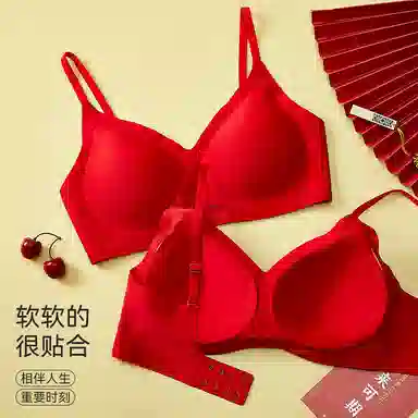 莫代尔 红品本命年轻薄透气无痕简约纯色内衣小胸聚拢软支撑防下垂胸罩无钢圈侧收副乳喜庆美背文胸 女款
