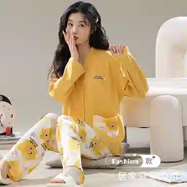 莫代尔 家居服开衫满印设计舒适休闲睡衣套装 女款 图片色