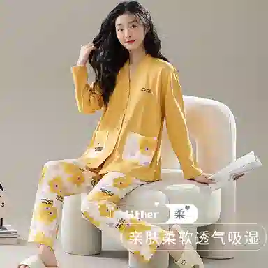 莫代尔 家居服开衫满印设计舒适休闲睡衣套装 女款 图片色