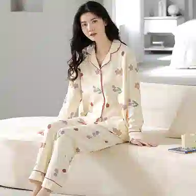 莫代尔 家居服植物花朵印花翻领睡衣套装 女款 图片色