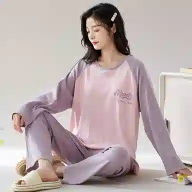 莫代尔 撞色拼接圆领套头长袖长裤睡衣套装 女款 图片色