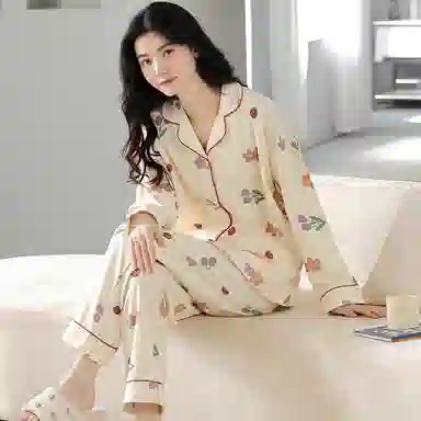 莫代尔 家居服植物花朵印花翻领睡衣套装 女款 图片色