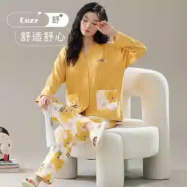 莫代尔 家居服开衫满印设计舒适休闲睡衣套装 女款 图片色