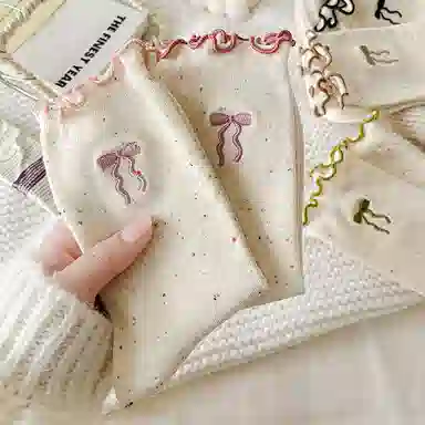 莫代尔 柔软亲肤高弹透气蝴蝶结花边设计长袜波点可爱少女心堆堆袜日常百搭时尚潮流高筒袜 女款