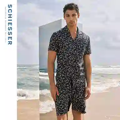 舒雅 印花翻领开衫短袖舒适休闲三分裤睡衣套装 男款