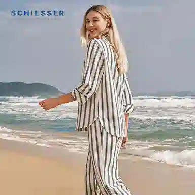 舒雅 纯棉亲肤条纹翻领睡衣套装 女款