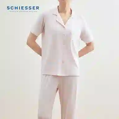 舒雅 简约亲肤舒适翻领开衫短袖休闲可外穿长裤睡衣套装 女款