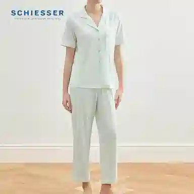 舒雅 简约亲肤舒适翻领开衫短袖休闲可外穿长裤睡衣套装 女款