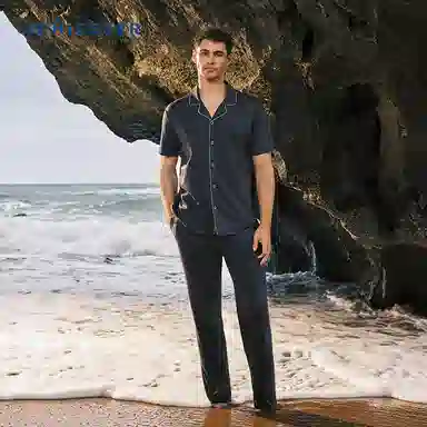 舒雅 翻领薄款中腰短袖睡衣套装 男款