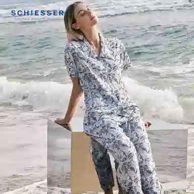 舒雅 凉感梭织翻领短袖松紧腰长裤睡衣套装 女款 浅蓝