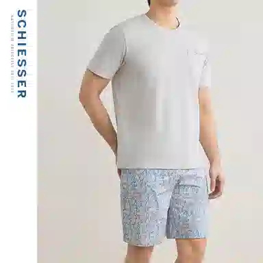 舒雅 纯棉柔软圆领印花睡衣套装 男款 浅花灰