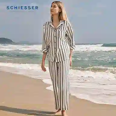 舒雅 纯棉亲肤条纹翻领睡衣套装 女款