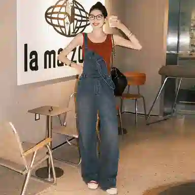 美洋 高腰宽松纯色简约通勤背带裤 女款 深蓝色