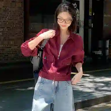 美洋 安哥拉亚麻 纯色翻领口袋拉链工装夹克外套 女款 浆果红