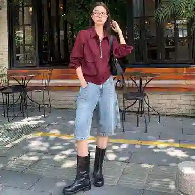 美洋 安哥拉亚麻 纯色翻领口袋拉链工装夹克外套 女款 浆果红