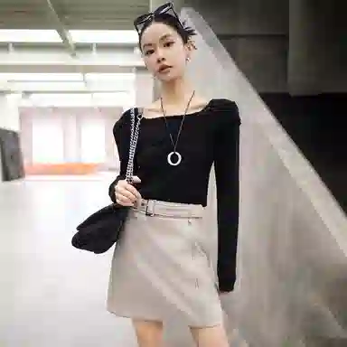 美洋 纯色方领短款修身长袖针织衫 女款