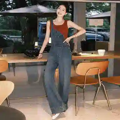 美洋 高腰宽松纯色简约通勤背带裤 女款 深蓝色