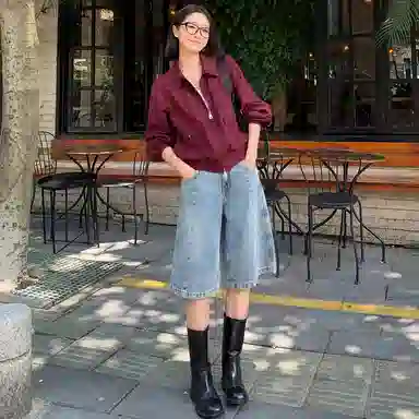 美洋 安哥拉亚麻 纯色翻领口袋拉链工装夹克外套 女款 浆果红