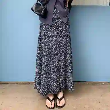 美洋 幽蓝半裙 法式复古压褶松紧腰休闲长裙 女款 蓝色碎花