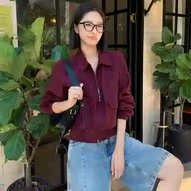 美洋 安哥拉亚麻 纯色翻领口袋拉链工装夹克外套 女款 浆果红