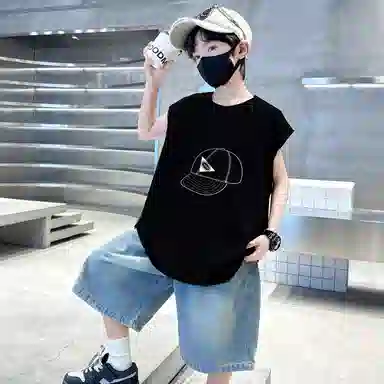 木木兔休闲运动套装 时髦洋气无袖背心牛仔裤时尚男孩宽松舒适两件套 儿童款