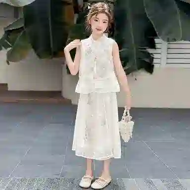 木木兔休闲运动套装 时髦洋气无袖新中式时尚女孩宽松舒适国风裙裤两件套