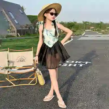 木木兔 夏季时髦洋气时尚女孩速干泳装立体大花朵荷叶裙摆游泳泳衣裤 儿童款