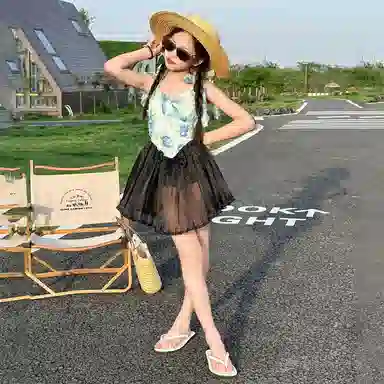 木木兔 夏季时髦洋气时尚女孩速干泳装立体大花朵荷叶裙摆游泳泳衣裤 儿童款