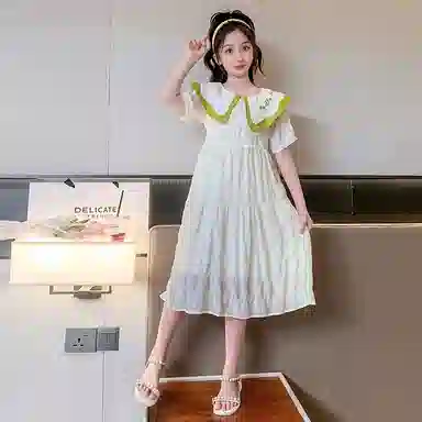 木木兔连衣裙 时髦洋气中大童夏季时尚女孩刺绣娃娃领裙子